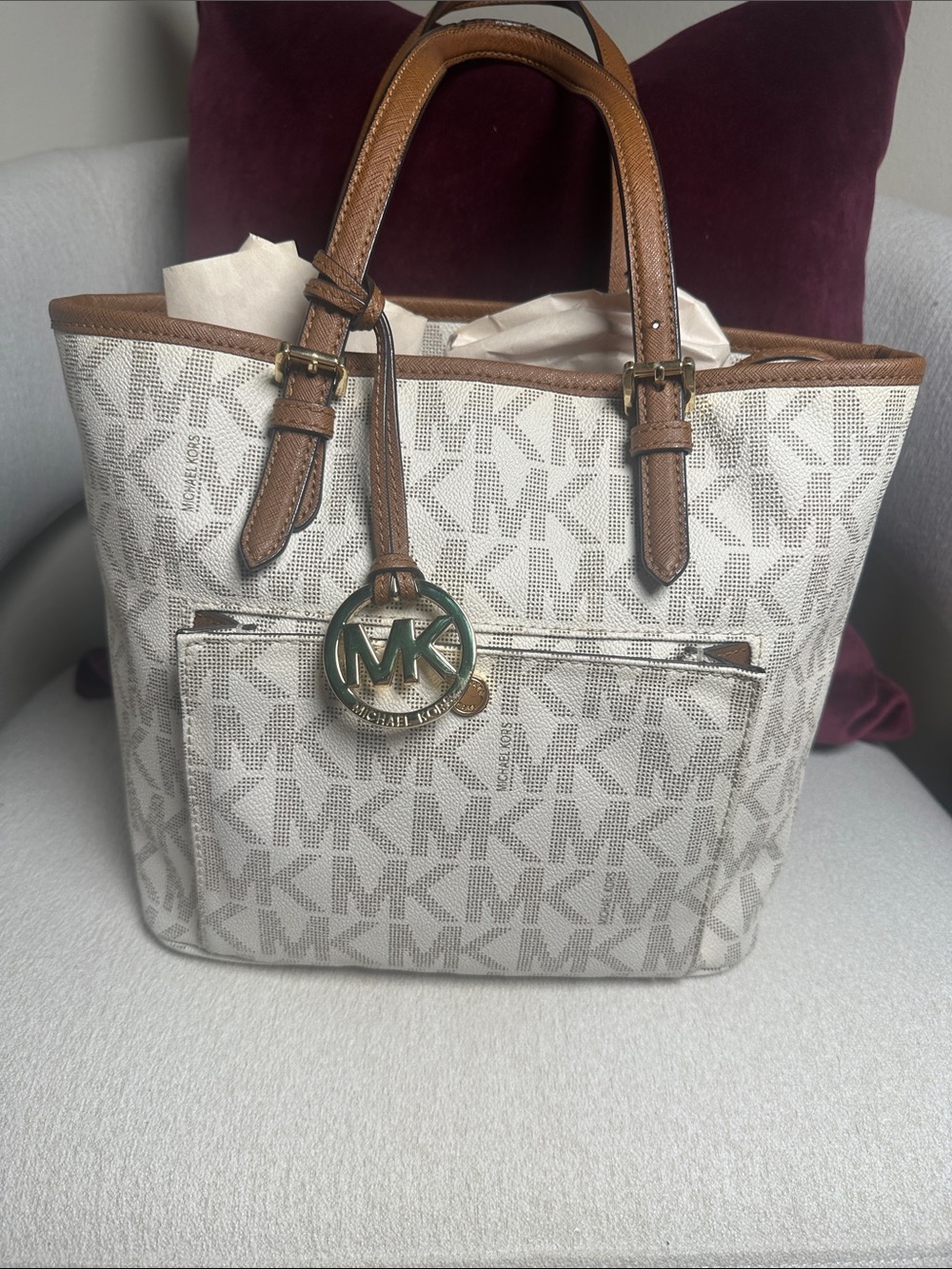 Michael Kors Beige Logo Tote with Brown Leather Trim and Gold MK Charm